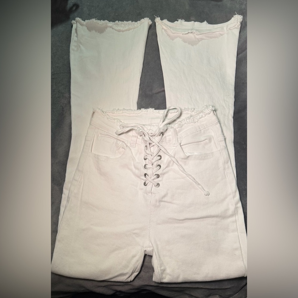 Shein White Lace-Up Flare High-Waisted Front Jeans